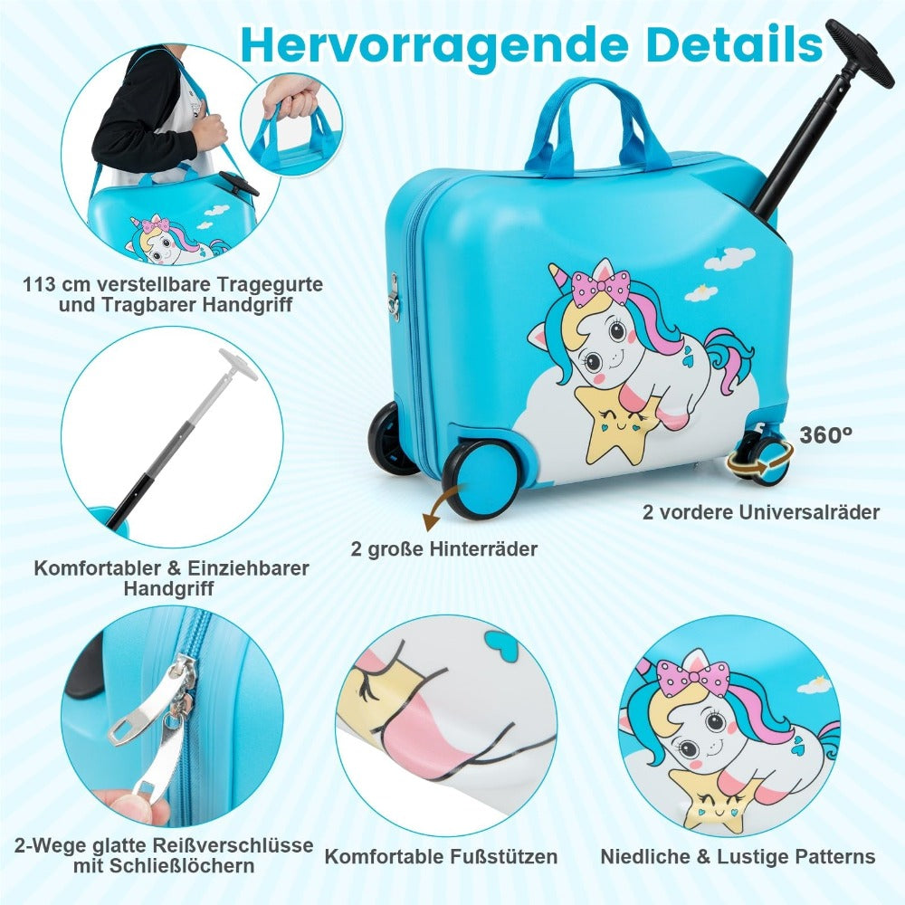 Maleta para niños de 2 en 1 + mochila, trolley de 12"+18" para niños con ruedas y carcasa dura impermeable, equipaje para niños, maleta con ruedas y mochila para niños y niñas (Unicornio azul)