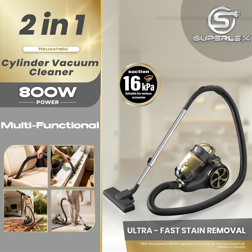 SUPERLEX Aspiradora de Cilindro, Capacidad de 2L, Succión Multiciclónica, Filtro HEPA, Cable de Alimentación de 5m, Manguera de 1.5m, Herramienta de Ranuras 2 en 1, Cepillo de Piso Eficiente [Limpieza Potente para el Hogar] Ideal para Pisos, Alfombras, So