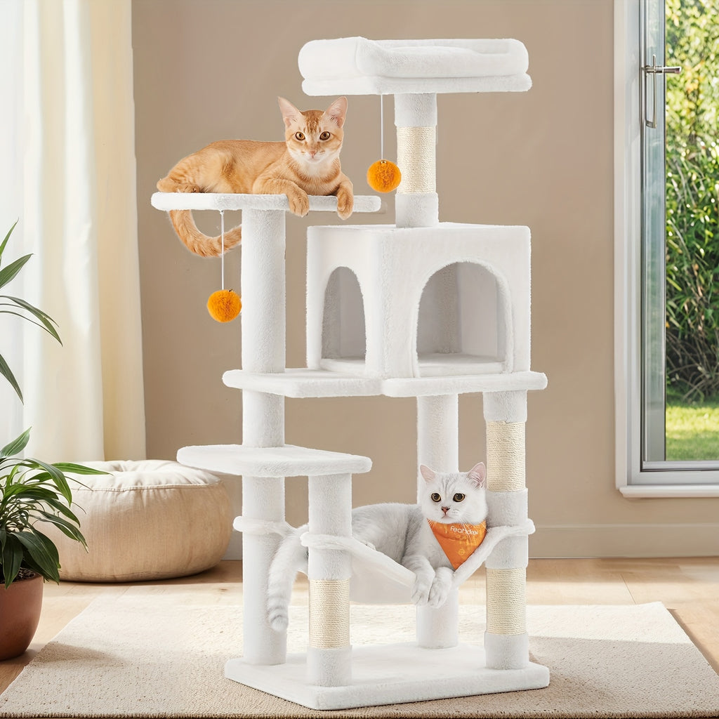 Rascador para gatos | Torre para Gatos Feandrea de Múltiples Niveles con 4 Postes Rascadores, Hamaca Acolchada y Cueva Acogedora - Mueble