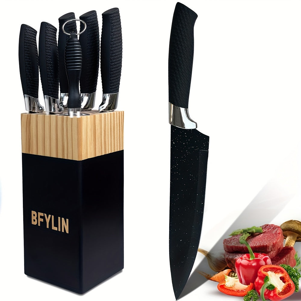Juego de 7 Cuchillos de Cocina, Juego Profesional de Cuchillos de Chef con Hojas Afiladas de Acero Inoxidable de Alto Carbono y Mango Ergonómico, Juego de Cuchillos de Titanio con Bloque de Madera para Cuchillos