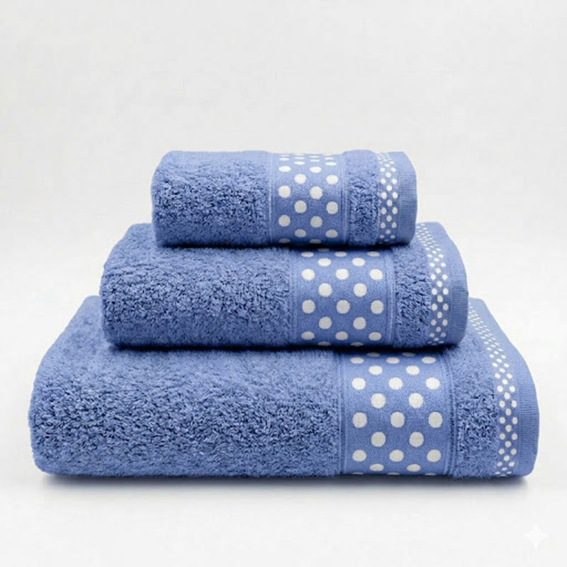 Juego de Toallas de Algodón 100% (3 Piezas) - Incluye Toalla de Tocador, Lavabo y Ducha | Tacto Suave, Ultra Absorbentes con Diseño Elegante de Lunares | Set Premium para Baño