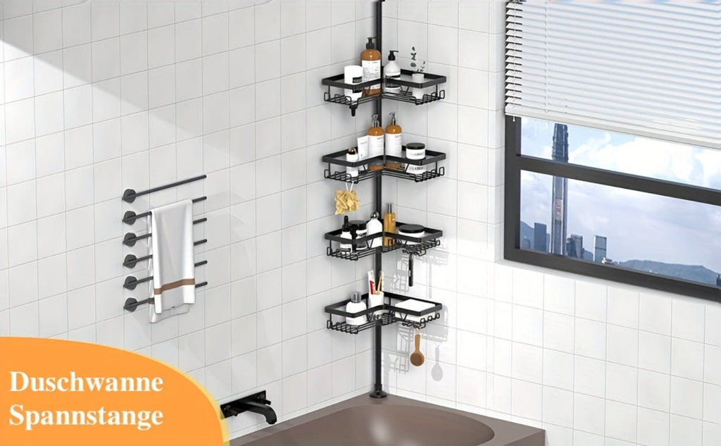 Un estante de esquina robusto y alto para el baño, un estante de esquina ajustable para la ducha que no requiere perforaciones, con un estante de almacenamiento negro de 4 niveles resistente al óxido, ideal para organizar áreas de ducha de esquina - Perfe