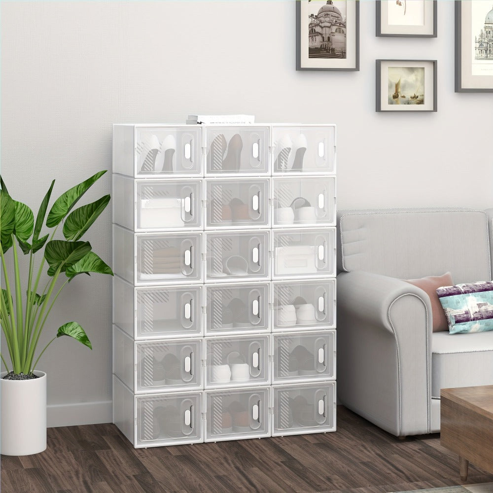 Caja de zapatos apilable, caja de zapatos con puerta magnética, caja de plástico para guardar zapatos, organizador de zapatos plegable para tamaños inferiores a 42, 35X19X25 cm
