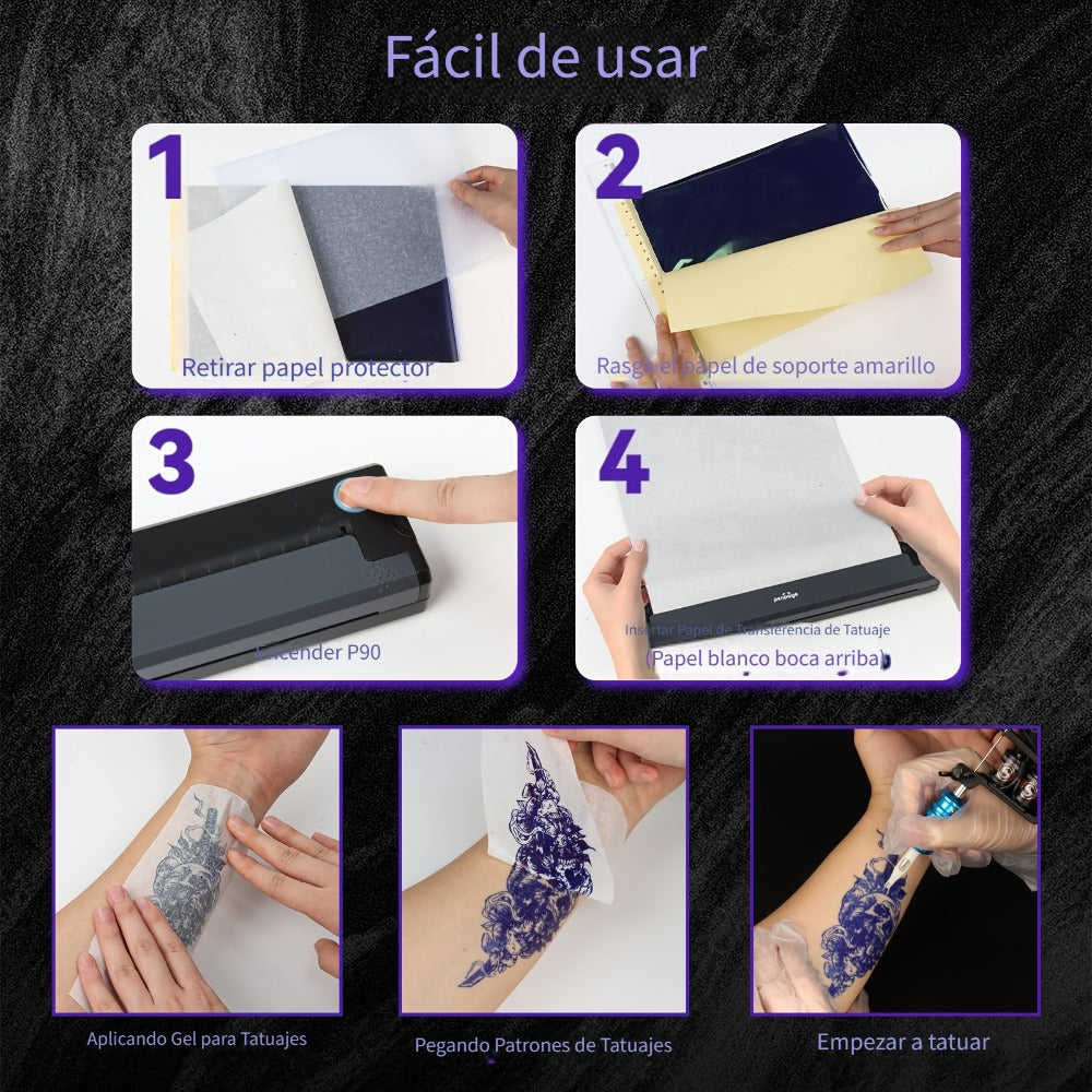 Impresora inalámbrica P90 de plantillas para tatuajes, máquina de tatuaje térmica con papel de plantillas, kit de impresora de tatuajes portátil compatible con teléfono, tableta y PC
