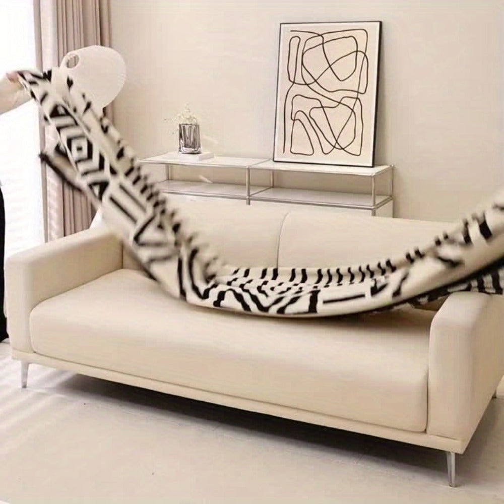 1 Funda de Sofá Geométrica Moderna de Felpa - Para Todas las Estaciones, a Prueba de Polvo, Protector de Sofá Amigable con Mascotas en Blanco y Negro/Crema - Lavable a Máquina, Se Adapta a Sofás de Un a Cuatro Plazas para la Decoración de la Sala de Estar