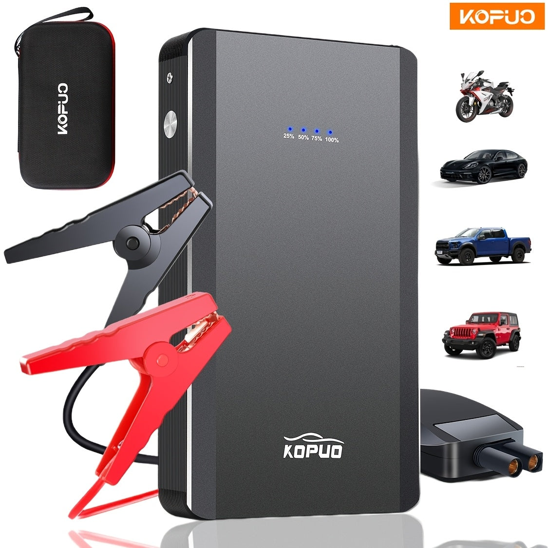 Arrancador de batería de coche KOPUO, arrancador de batería de coche de 3000/4000A para motores de gasolina de hasta 8.5L y diésel de 7.0L, caja de arranque portátil de 12V con USB/banco de energía/salida dual/luce LED, cargador de coche
