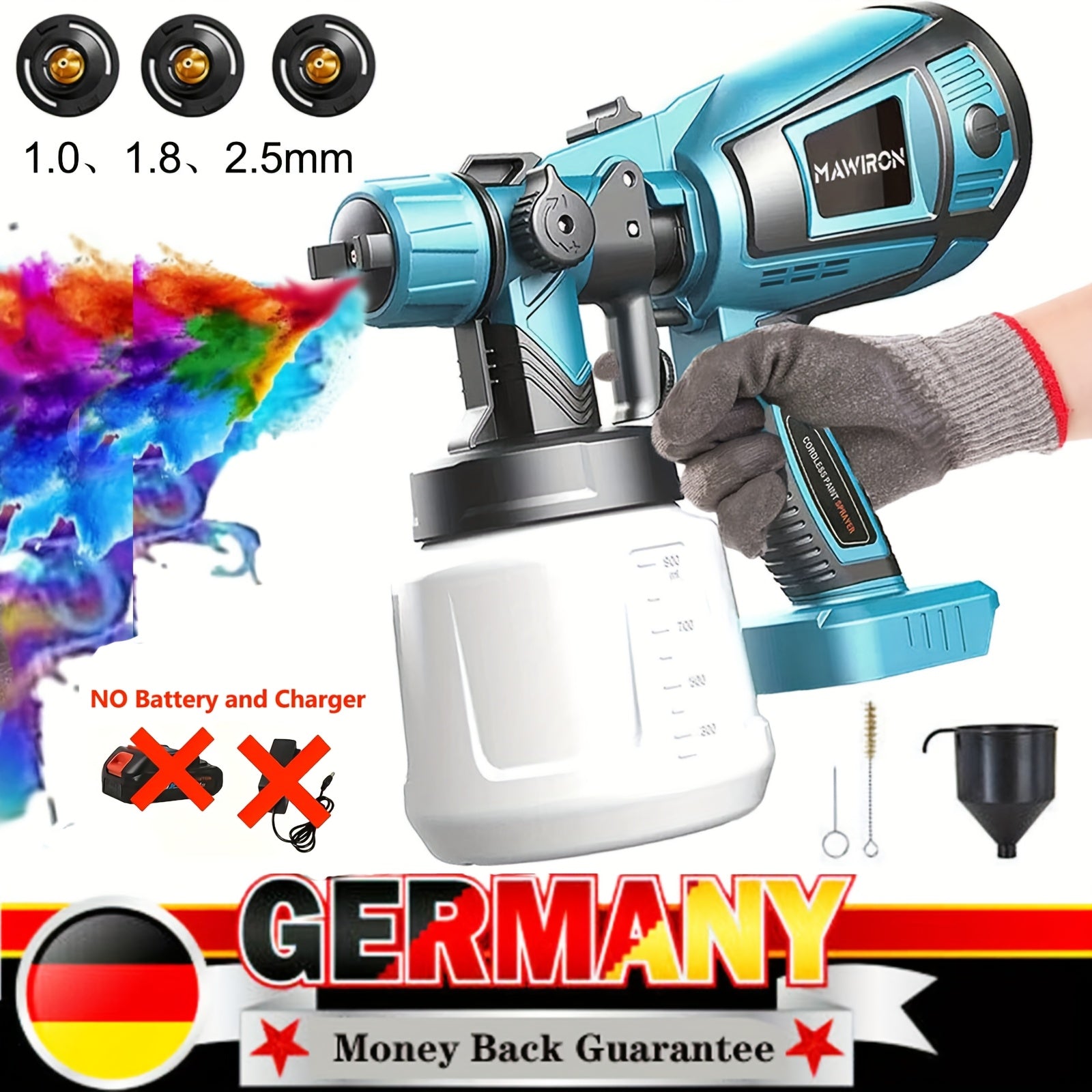 Rociador de Pintura Compatible con Batería Makita 18V, 2x Baterías Inalámbricas de 3000mAh, Distancia de Pintado de 20cm, 3 Boquillas (1.0/1.8/2.5mm), Kit de Limpieza, Rociador Manual para Paredes y Madera
