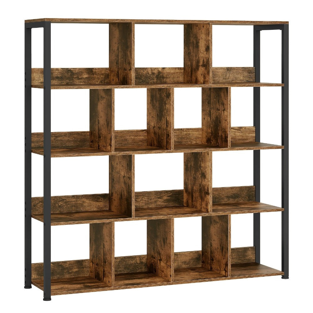Estantería de Oficina, Estante de Almacenamiento, Estante de 4 Niveles, Estantería de 14 Compartimentos, Adecuada para Oficinas, Estudios y Salas de Estar, 120x30x120 cm, Color Madera Quemada/Veta de Madera Clara + Blanco