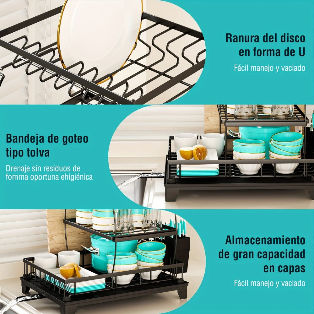 Escurridor de Platos Resistente - Organizador de 3 Niveles con Bandeja de Drenaje, Ahorrador de Espacio para Cocina - Acero Inoxidable Anticorrosivo con Portavasos y Almacenamiento para Utensilios y Tabla de Cortar - Diseño Compacto y Duradero para Cocina
