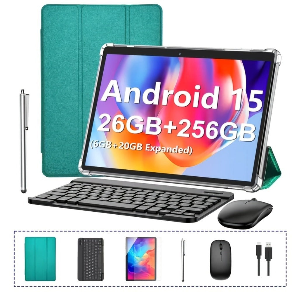 Tableta QDDQ Android 15 con teclado, 256 GB de almacenamiento, 26 (6+20) GB de RAM, expansión SD de 1 TB (sin tarjeta SD), tableta 2 en 1, tableta de 10.1 pulgadas con funda, ratón, lápiz óptico, IPS de 1280x800, inalámbrica 2.4G/5G, tableta WIFI, Tipo-C