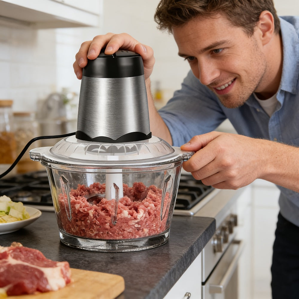 Picadora de carne eléctrica de 1600 vatios con cortador de alimentos multifunción, incluye un contenedor de vidrio de 2 litros y 4 cuchillas de acero inoxidable, 2 velocidades para carne, frutas, verduras, nueces, zanahorias y uso general en la cocina
