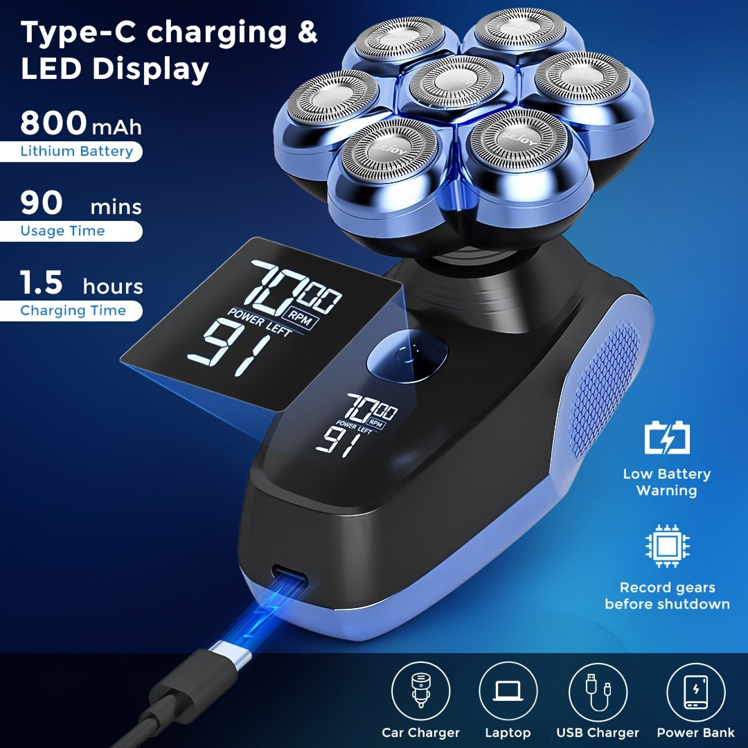 Afeitadora de Cabeza para Hombres Calvos, 7D Impermeable para Uso en Seco/Húmedo, Inalámbrica, Recargable Tipo-C, Kit de Afeitado Eléctrico 5 en 1, con Recortadora de Vello Nasal, Afeitadora Rotativa para Hombres, el Mejor Regalo