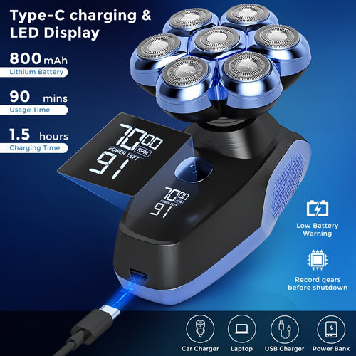 Afeitadora de Cabeza para Hombres Calvos, 7D Impermeable para Uso en Seco/Húmedo, Inalámbrica, Recargable Tipo-C, Kit de Afeitado Eléctrico 5 en 1, con Recortadora de Vello Nasal, Afeitadora Rotativa para Hombres, el Mejor Regalo