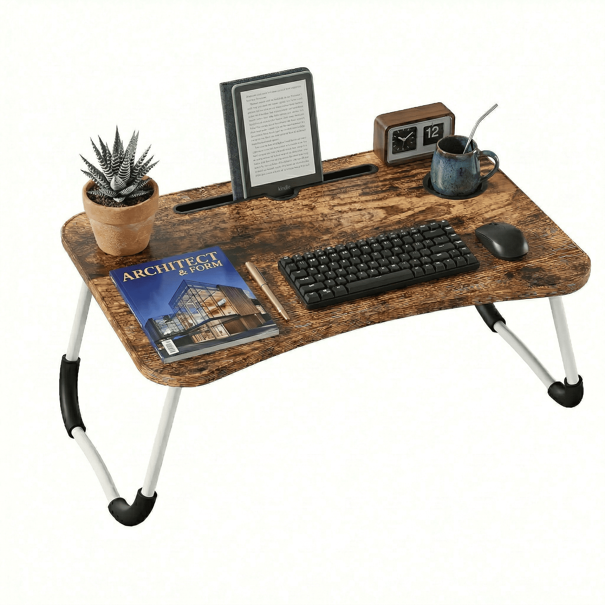 Mesa plegable para cama y sofá con portavasos, mesa auxiliar multifunción con atril para leer en la cama, bandeja multifunción para ordenador, libros, trabajo y estudio en casa (50x30x22cm)