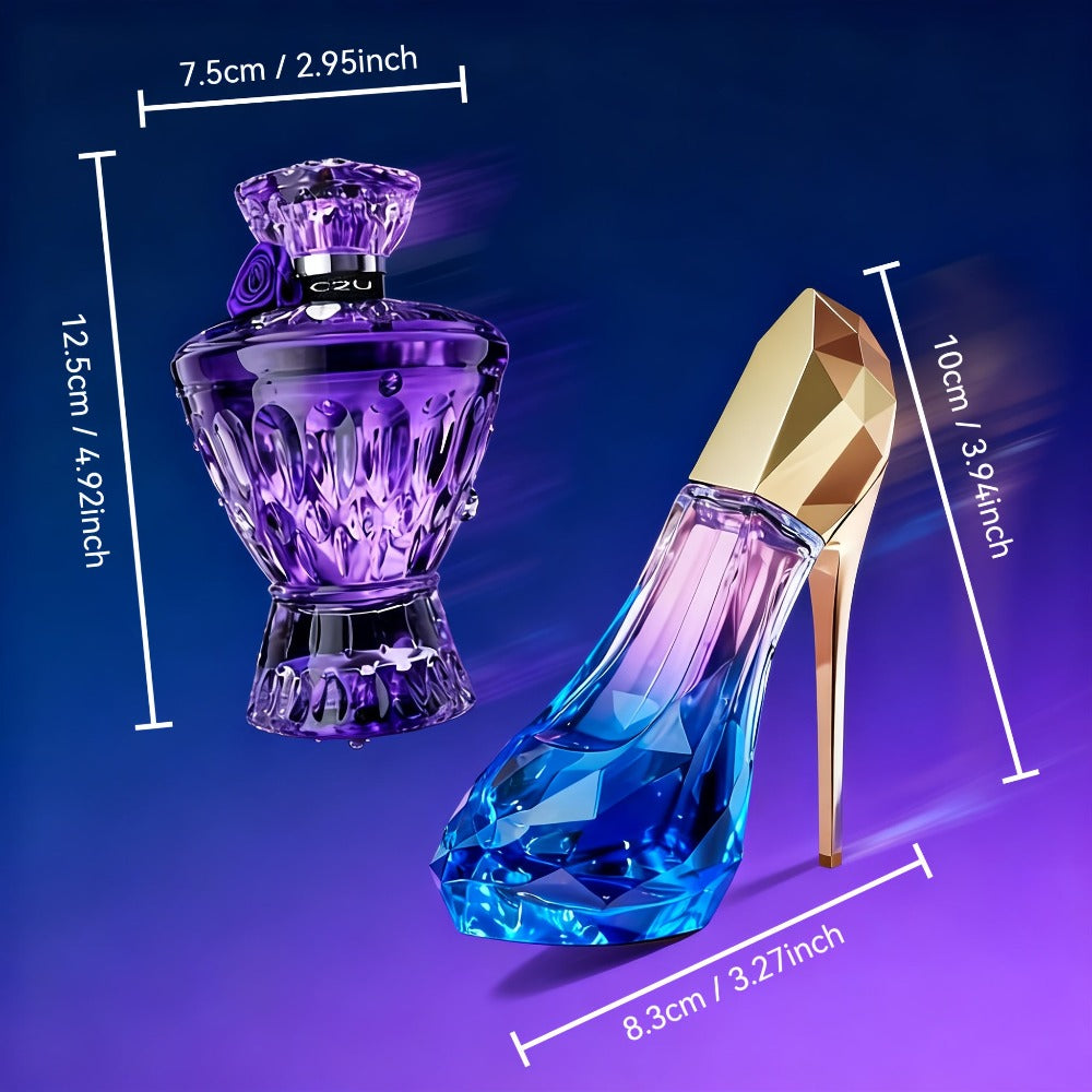2 Piezas Set de Perfume con Tacón Alto Morado y Piedra Preciosa Morada (30+75ml) Gran Capacidad, Fragancia Duradera | Notas de Bergamota, Tuberosa y Madera | Regalo Perfecto para Fiestas y Uso Personal