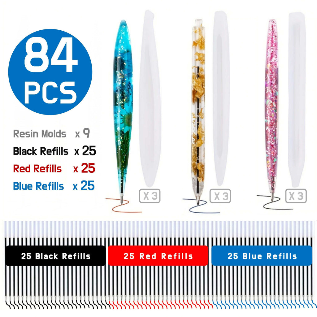 Set de 84 Moldes de Silicona para Crear Plumas de Resina Epoxi - Incluye Recambios de Tinta para Bolígrafos, Moldes para Bolígrafos de Bola y Moldes de Fundición de Resina para Manualidades, Fabricación de Plumas Artísticas y Diseño de Joyas