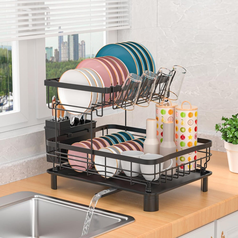 Estante de Platos de Doble Capa, Escurridor de Platos con Plato de Drenaje y Boquilla Giratoria, Estante de Platos con Organizador de Cubiertos y Portavasos - Regalo Perfecto para Mujeres, Esposa, Día de la Madre, Accesorio de Cocina