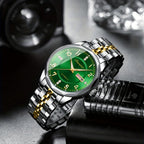 Reloj mecánico automático Dianpai para hombre - Acero inoxidable, esfera verde con marcadores dorados, indicador de fecha, pulsera de cadena de muñeca - Reloj de lujo para fiesta y uso casual, no necesita batería, regalo ideal para él, reloj de pulsera ca