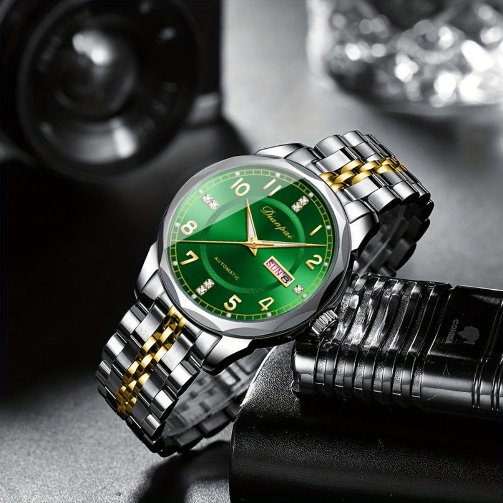 Reloj mecánico automático Dianpai para hombre - Acero inoxidable, esfera verde con marcadores dorados, indicador de fecha, pulsera de cadena de muñeca - Reloj de lujo para fiesta y uso casual, no necesita batería, regalo ideal para él, reloj de pulsera ca
