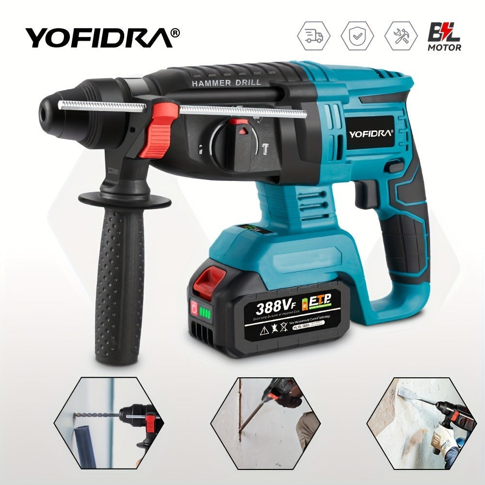Juego de taladro percutor sin escobillas de 26 mm con broca, taladro rotativo de demolición a percusión inalámbrico de 4 velocidades para perforar hormigón, ladrillo y madera, compatible con baterías YOFIDRA