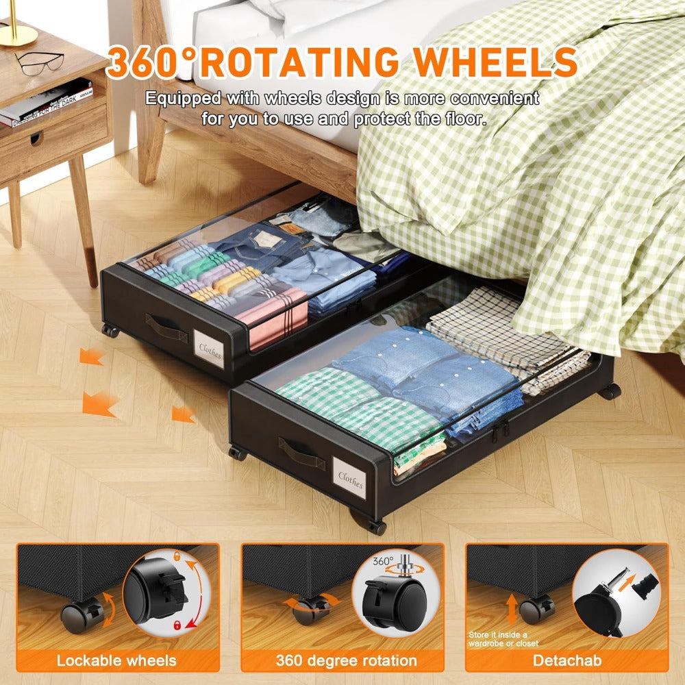 Paquete de 2 cajas de almacenamiento para debajo de la cama con ruedas, organizadores de fábrica Oxford para ropa, cajones de metal con tapa transparente, zapatos, caja de almacenamiento rodante multiusos con ventana transparente