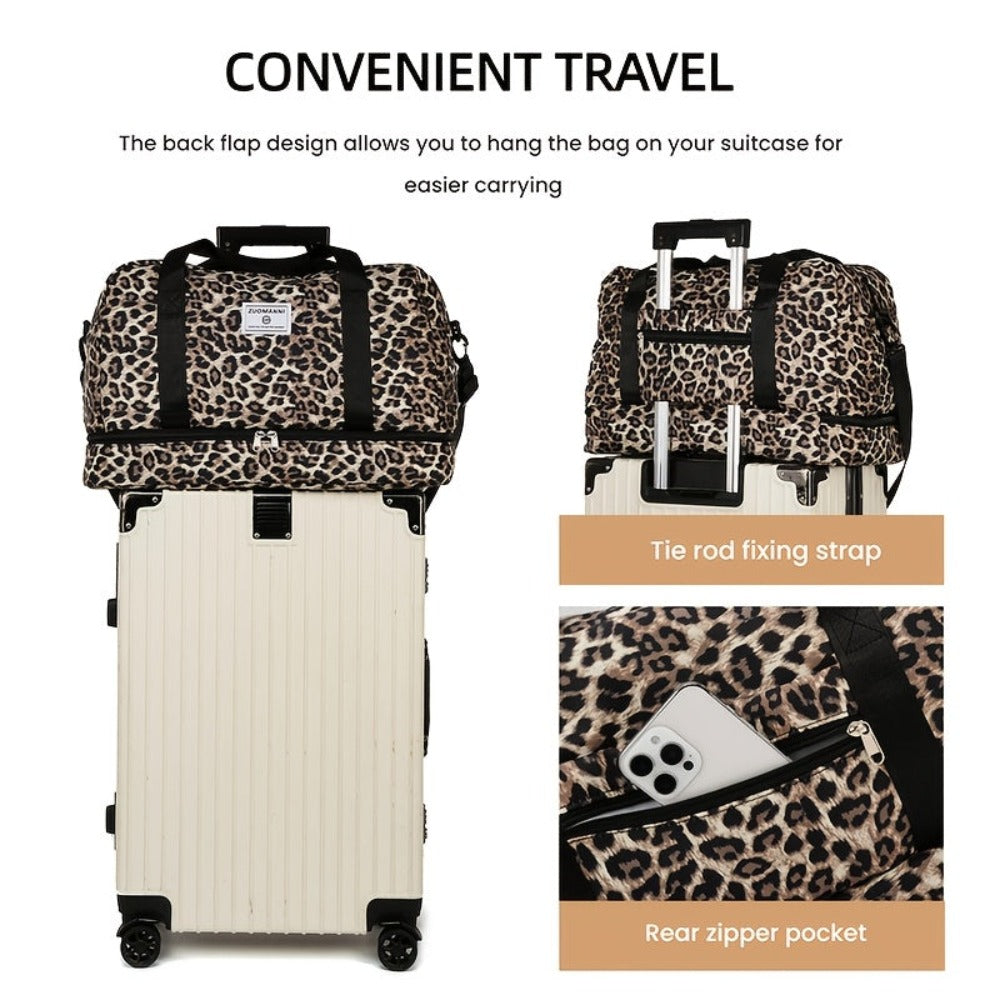 Maleta moderna con estampado de leopardo y amplio espacio, con compartimento separado para zapatos, correa de hombro ajustable, ideal para el gimnasio, yoga y escapadas de fin de semana, así como actividades de ocio y camping al aire libre