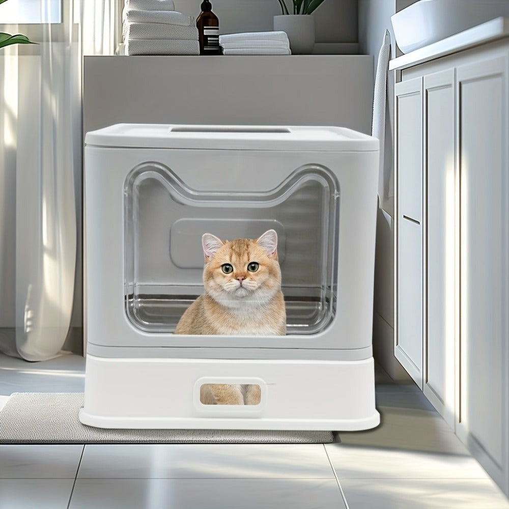 Arenero para gatos de acero inoxidable con entrada frontal y salida superior, diseñado para facilitar la limpieza, ideal para gatos y otras mascotas