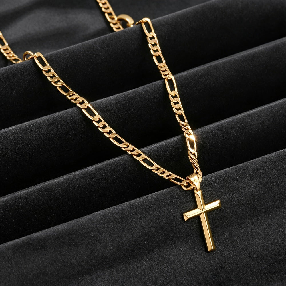 Collar con colgante para hombre de plata 925, cadena Figaro minimalista chapada en oro de 18K con colgante de cruz 3D, regalo perfecto para él, regalo para el Día del Padre, en caja de regalo