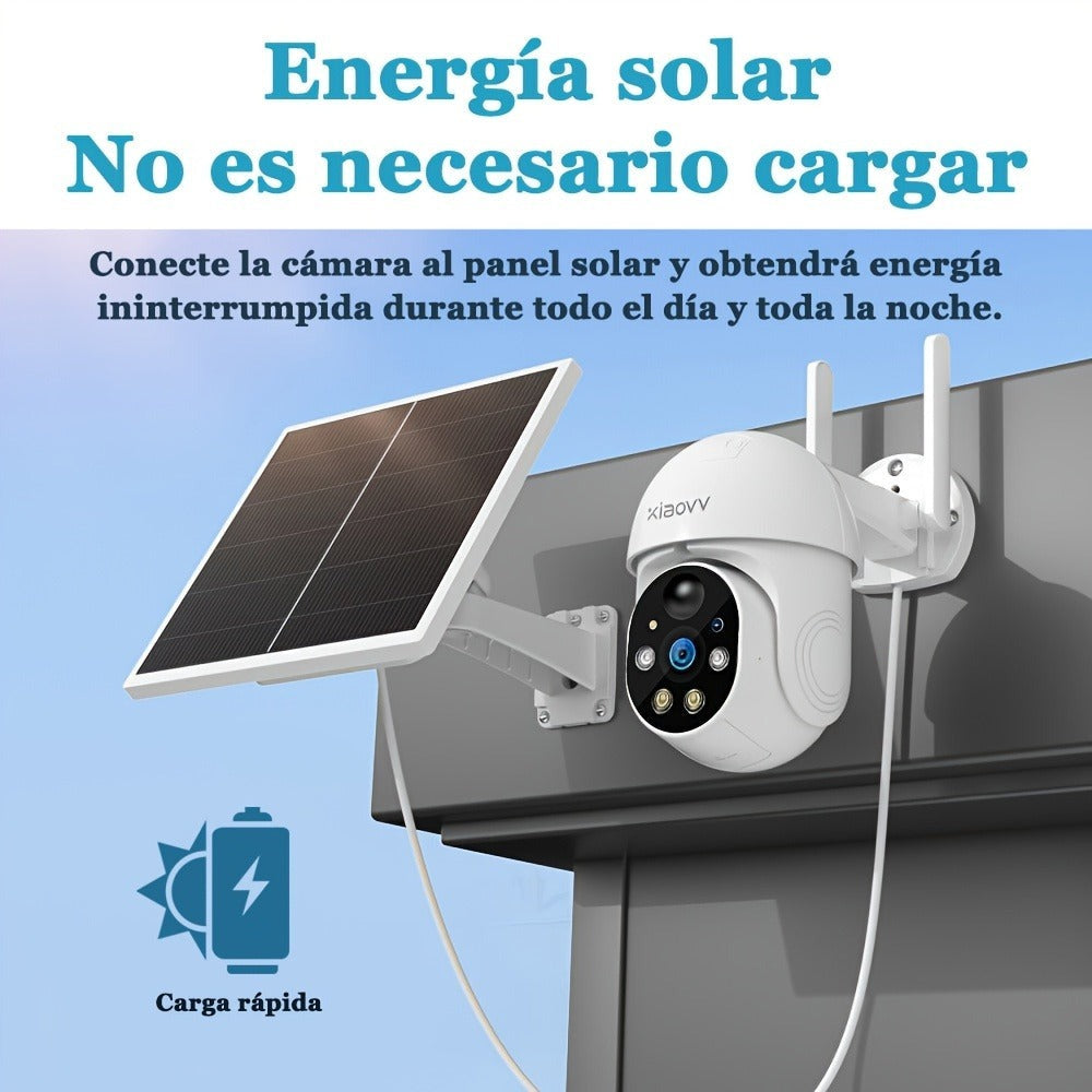Cámara de seguridad exterior XIAOVV P6, sistema de vigilancia sin varillas WiFi con visión nocturna HD 1080P, audio bidireccional, alertas de detección de movimiento, panel solar, adecuada para CCTV empresarial, con aplicación y montaje en pared