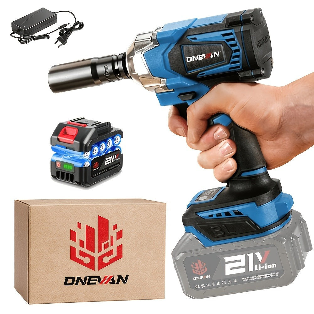 Llave eléctrica sin escobillas de 1000 N.m, juego de taladro eléctrico sin destornillador de 1/2 pulgada, 4 velocidades ajustables, adecuada para reparación de coches, instalación de muebles y andamios, compatible con baterías ONEVAN, una herramienta eléc