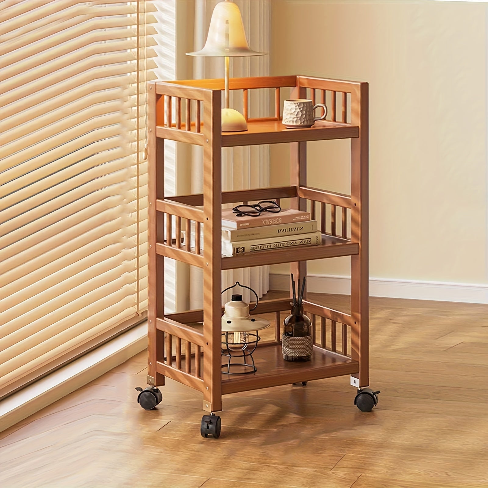 Carrito de madera de tres niveles, estante de almacenamiento con valla, carrito de cocina móvil con ruedas omnidireccionales, fácil de limpiar, adecuado para baños, dormitorios y estantes de sala de estar, estante de pie, estante de pie