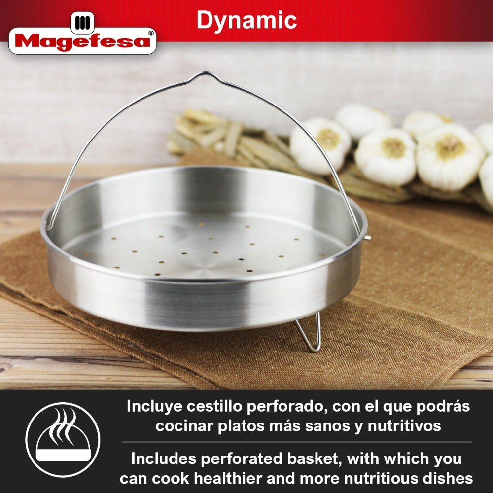 Magefesa DYNAMIC - Juego de Olla Express Rápida + Cestillo, Acero Inoxidable 18/10, Eficiencia Energética, Todo Tipo de Cocinas, Inducción