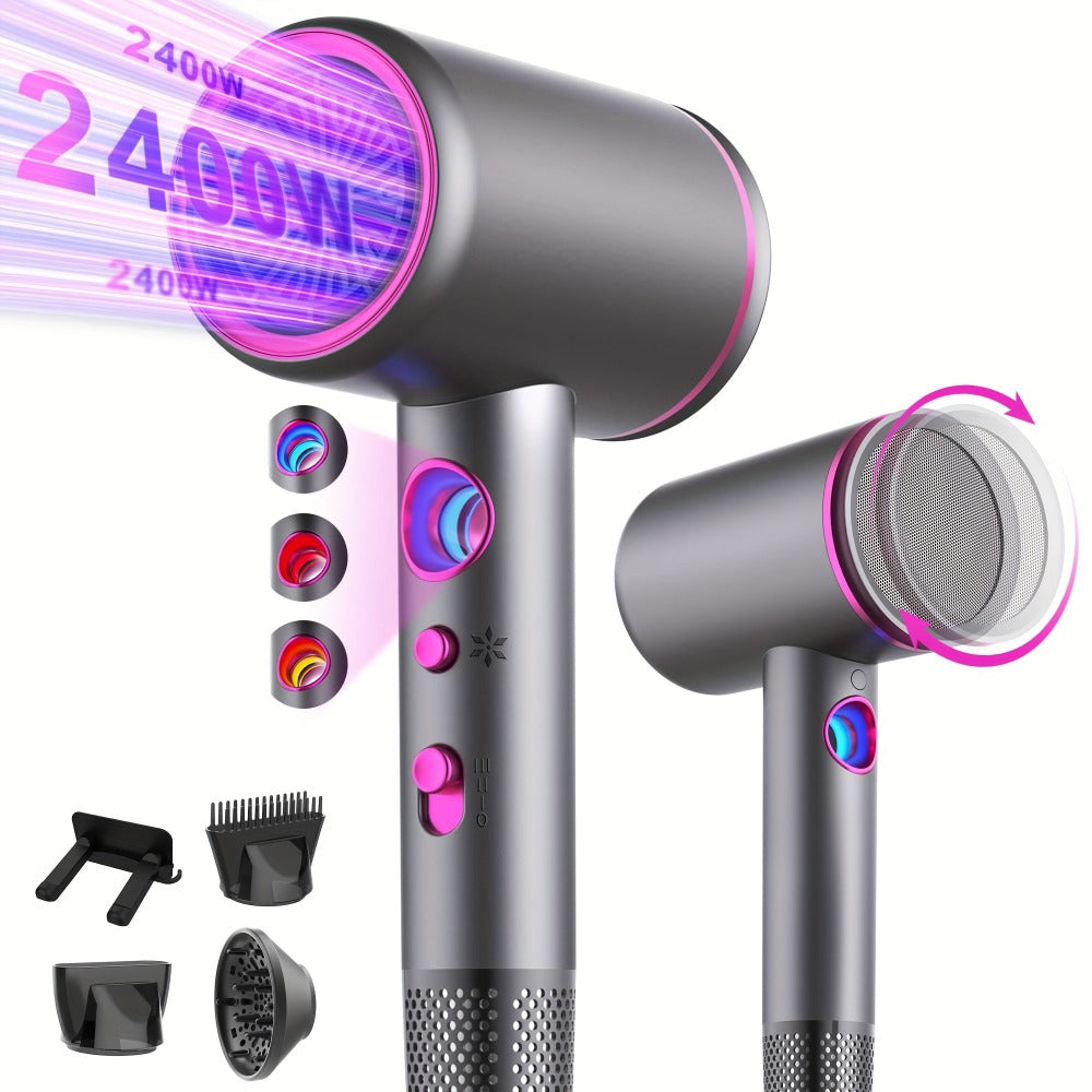 Secador de pelo iónico profesional de 2400W con motor de CA, rápido, 3 niveles de calor y 3 velocidades, botón frío/calor, difusor de viaje incluido