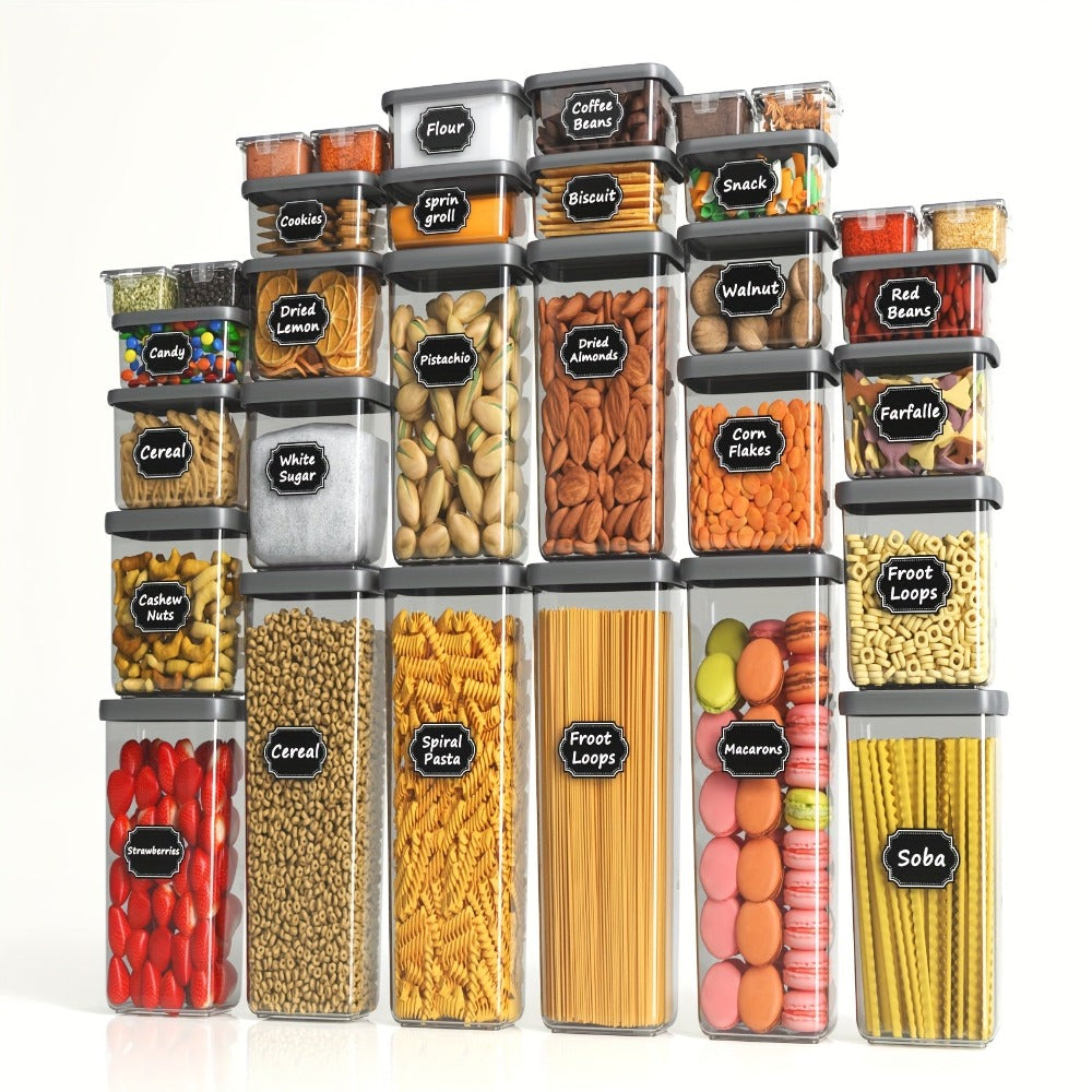 Un juego de 64 recipientes de almacenamiento de cocina, (32 tapas + 32 frascos), 6 tamaños, frascos de almacenamiento de granos para cocina, cajas de almacenamiento, cajas de almacenamiento de cocina, cajas de almacenamiento selladas, plástico, con tapas,