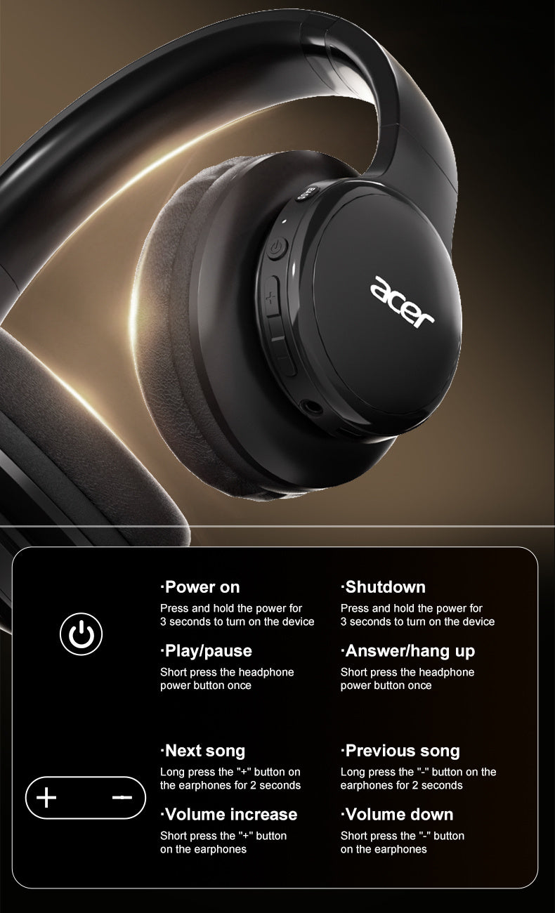 Auriculares Bluetooth | Auriculares Inalámbricos Over-Ear Genuinos de Acer con Bajos Potentes, Sonido Estéreo Hi-Fi, Reducción de Ruido en