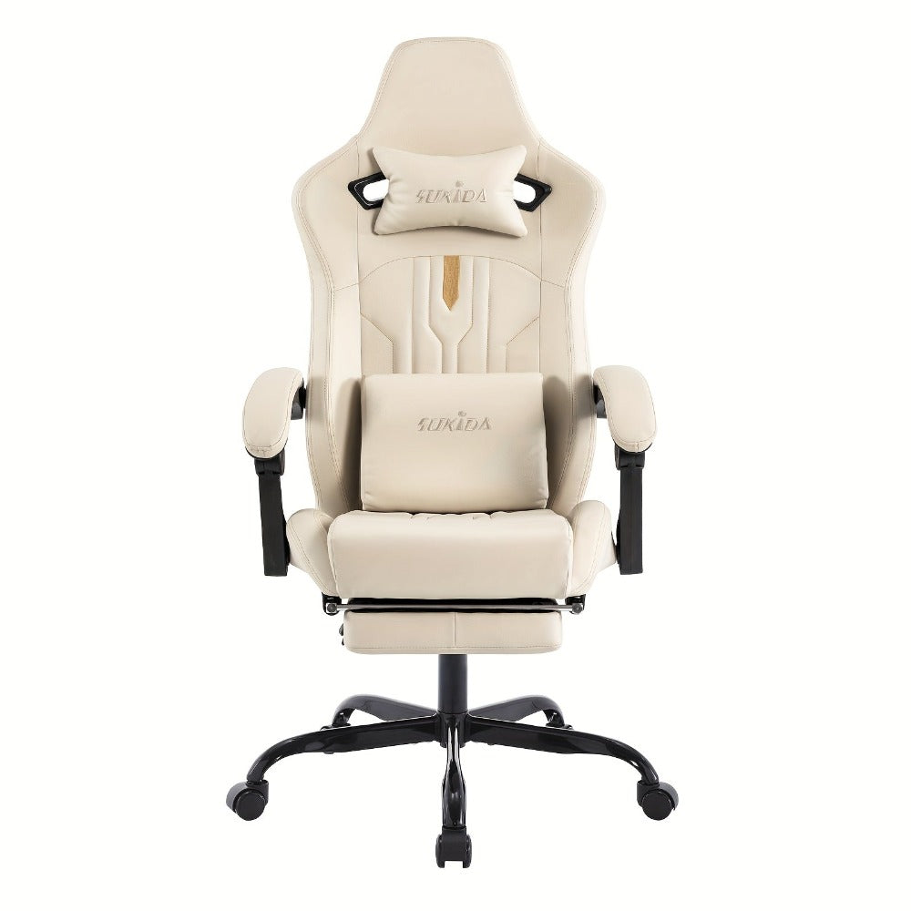 Silla de Juego y Oficina, Silla de Computadora con Reposapiés, Reposacabezas y Soporte Lumbar, Silla Ergonómica, Silla Giratoria y Ajustable en Altura, Opciones en Gris, Beige, , Marrón y Verde