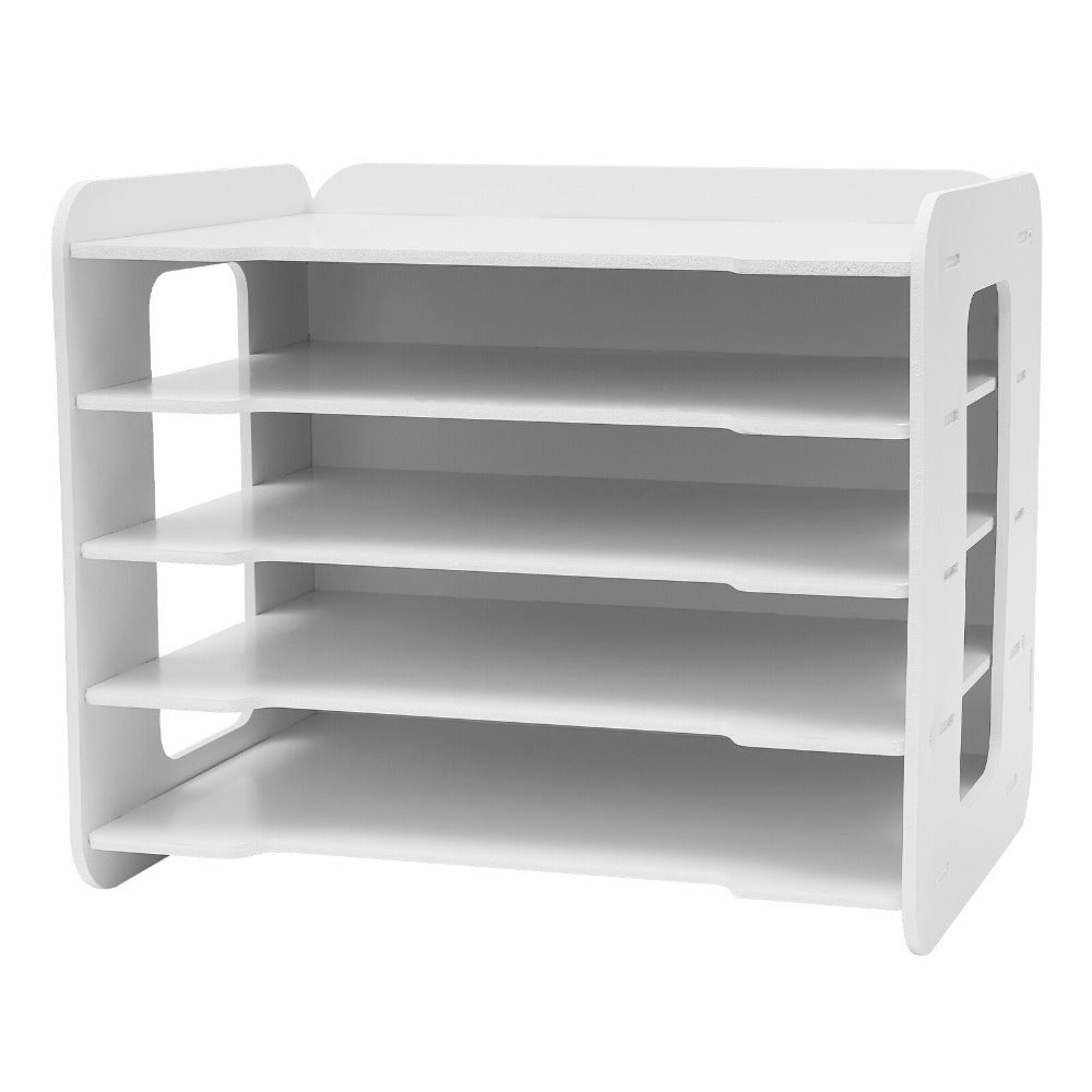 Organizador de bandeja de letras con 5 compartimentos de almacenamiento, bandeja de letras blanca, organizador de papel A4 para escritorio de oficina, bandejas de escritorio blancas con compartimentos, bandejas de papel apilables con construcción de espig