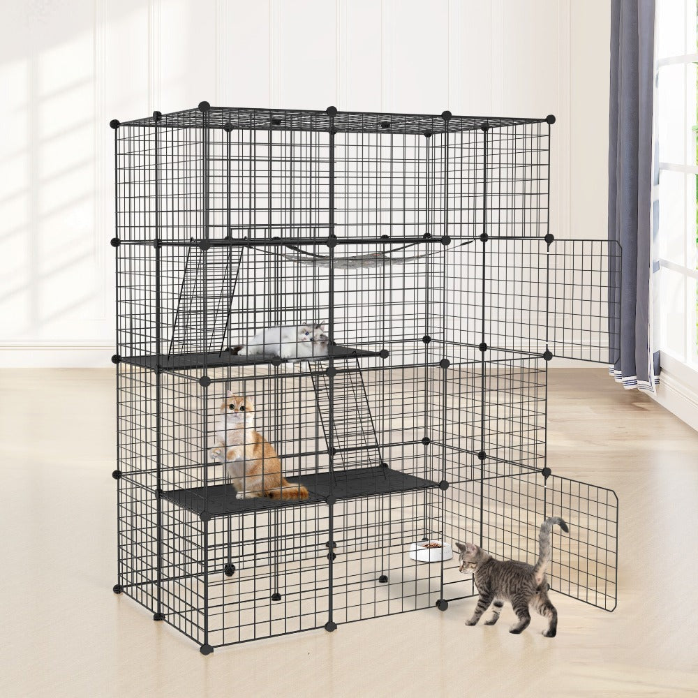 Cerradura Metálica Negra para Exteriores para Conejos, con Puerta y Adecuada para Animales Pequeños como Cobayas y Cachorros, Medidas 146X110X74 Cm (4 Columnas y 3 Capas)