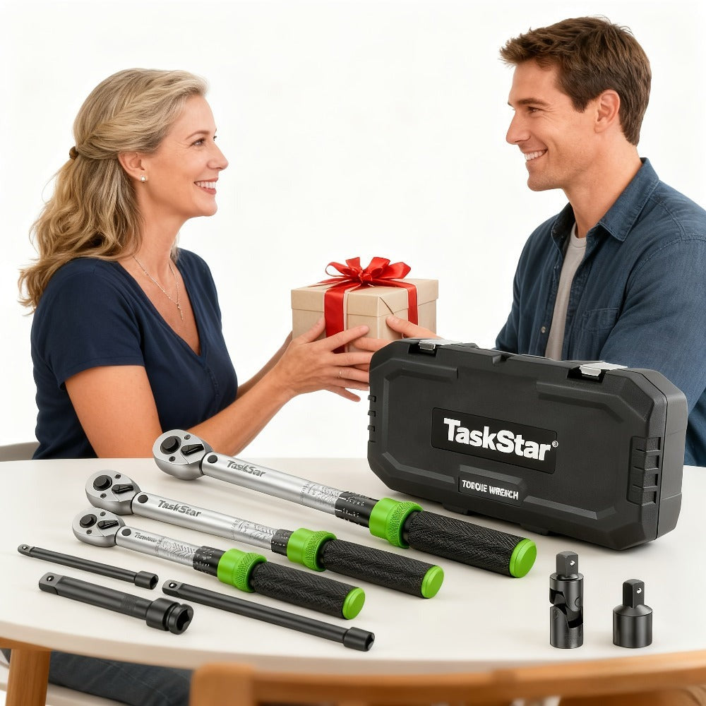 TaskStar Juego de 8 Llaves de Torque: 1/4'', 3/8'', 1/2'' Conductor con Llaves de Torque de Clic (10 - 160 ft.lb/10.0 - 227.0 N.m) con Adaptadores, Precisión de +/-3% - Ideal para Bicicletas, Motocicletas y Reparaciones