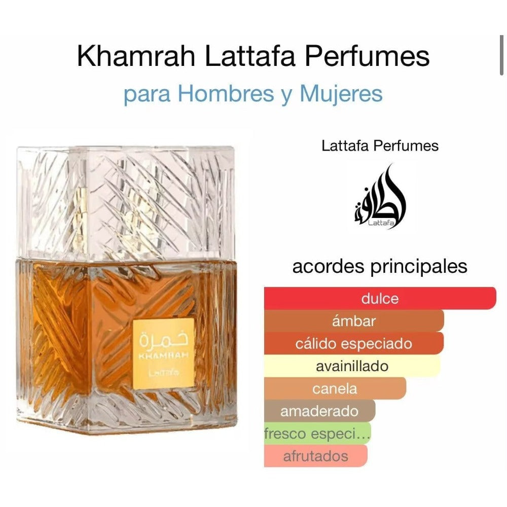 Lattafa Khamrah Perfume Unisex 100ml Eau de Parfum Original Fragancia Gourmand Notas Bergamota Canela Dátiles Vainilla