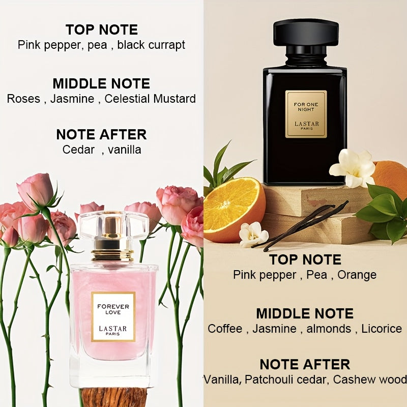 LASTAR Juego de 2 botellas de Eau de Parfum para mujer, 55 ml de perfume Shimmy Pink con delicado aroma floral, 55 ml de elegante botella negra con aroma  y especiado, fragancia de larga duración, regalos de Navidad/Año Nuevo (paquete de 2)