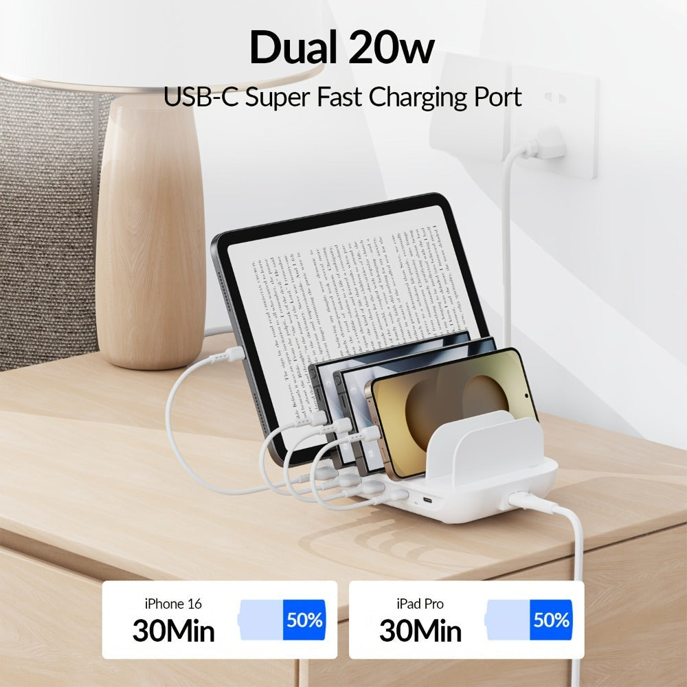 Soopii Hub de Carga Multi-Dispositivo de 5 Puertos, con 2 Puertos PD de 20W para Carga Rápida y 3 Puertos USB Compatibles con iPhones, iPhone 17, Smartphones, Tablets y Más. Incluye un Organizador de Cables, Perfecto para Regalos de Navidad. (Cables No In