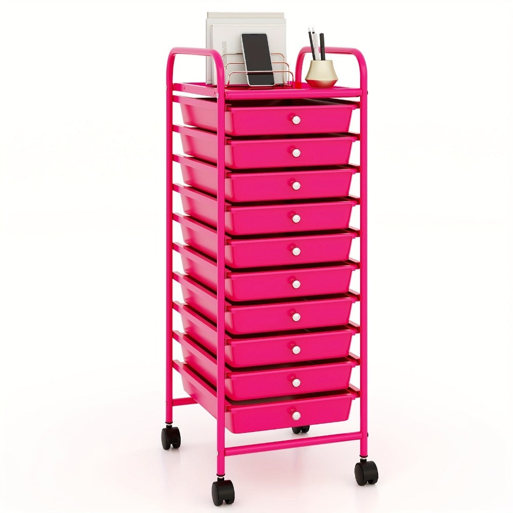 Carrito de 10 Cajones con Ruedas Bloqueables, Carrito de Almacenamiento con Cajón Extraíble, Organizador Multifuncional para el Hogar, Carrito Utilitario Móvil con Estructura de Metal y Asa, Almacenamiento de Suministros de Oficina, Morado y Rosa