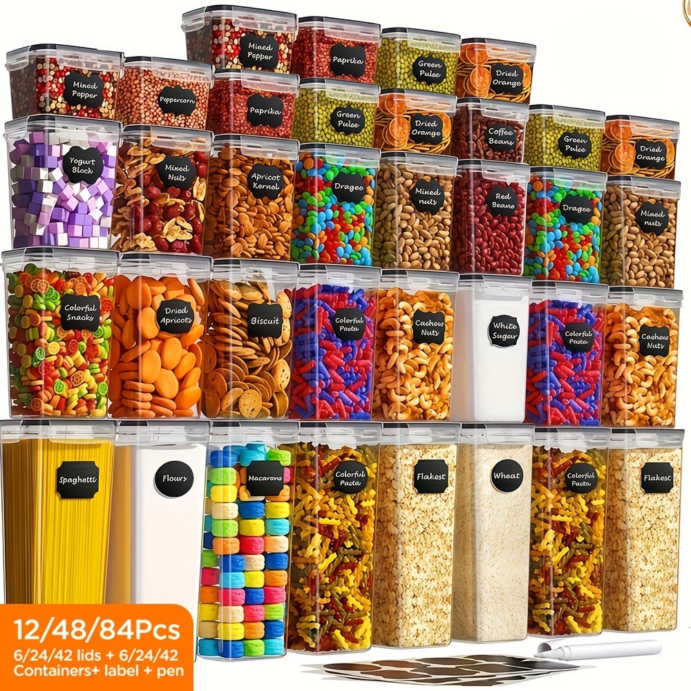 Juego de Contenedores de Alimentos para Almacenamiento en la Cocina de 12/48/84 piezas - Contenedores de Alimentos de Plástico Reutilizables (6/24/42 Tapas y 6/24/42 Contenedores) - Organización y Almacenamiento de Despensa de Cocina - Adecuado para Cerea