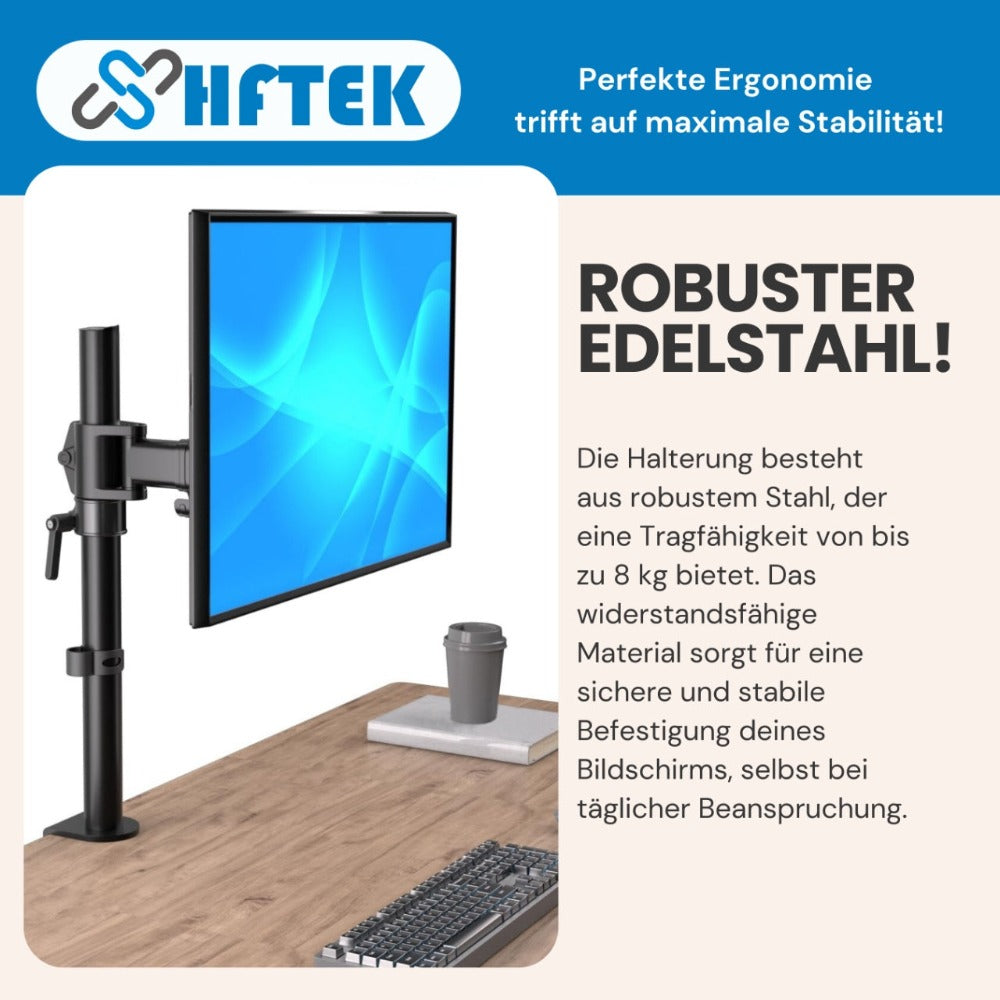 Soporte para Monitor HFTEK - Brazo de Monitor con Resorte de Gas Ajustable para Pantallas de 13 a 34 Pulgadas, Soporta hasta 17.6 lbs, con Base de Abrazadera C y Ojal, Montaje VESA 75x75mm y 100x100mm