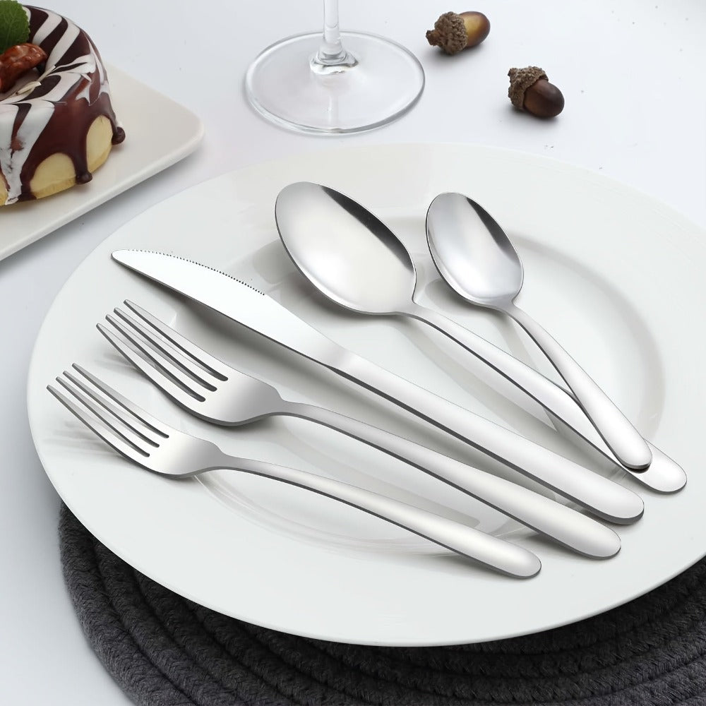 Juego de 30 piezas de cubertería de acero inoxidable plateado para 6 personas. Vajilla de alta calidad con cuchillos, tenedores y cucharas. Juego de cubertería para hotel, fiesta, boda, hogar, cocina, restaurante, exterior. Muy pulido, mango ergonómico. L