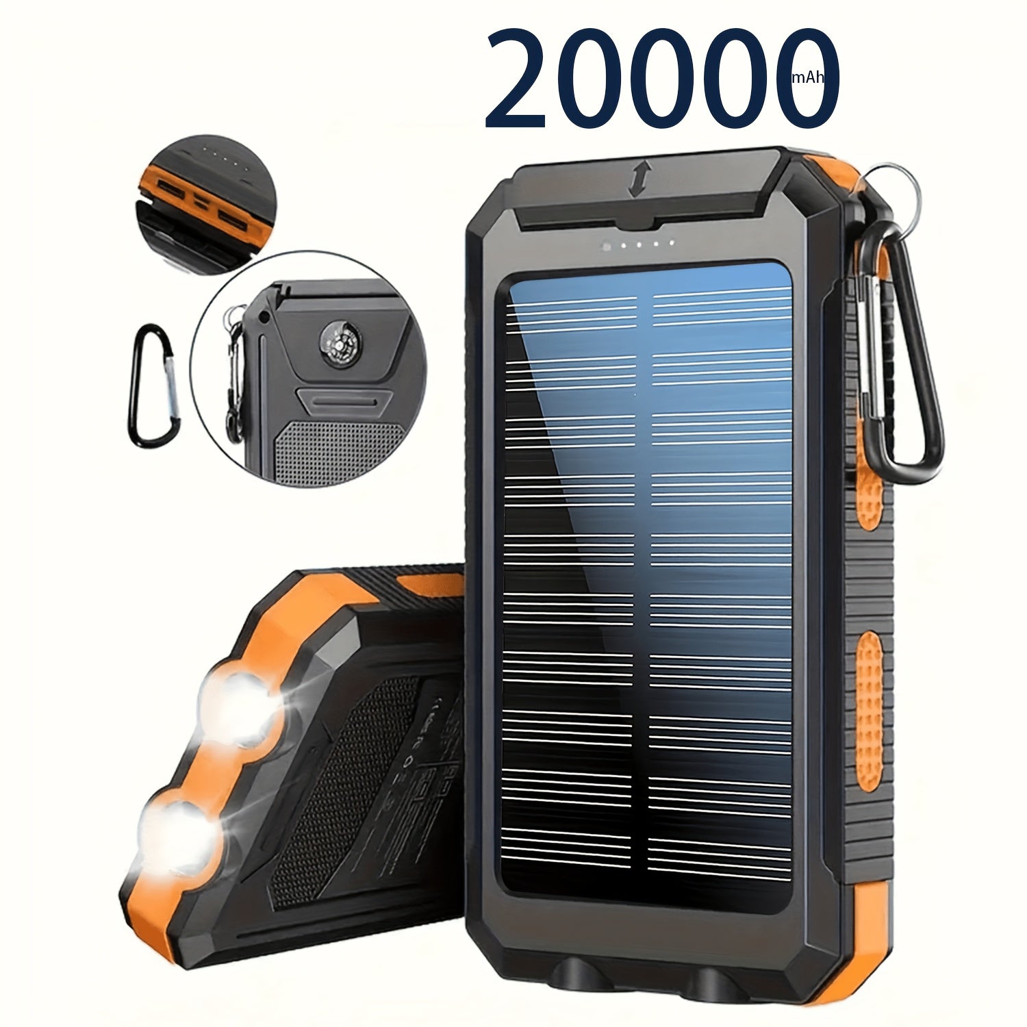 Batería Externa Solar Portátil de 20000Mah, Cargador Solar Portátil para Teléfonos Móviles, Cargador de Batería Externa para Camping para Teléfonos Móviles, 2 USB/ Linternas LED con Brújula para Actividades al Aire Libre