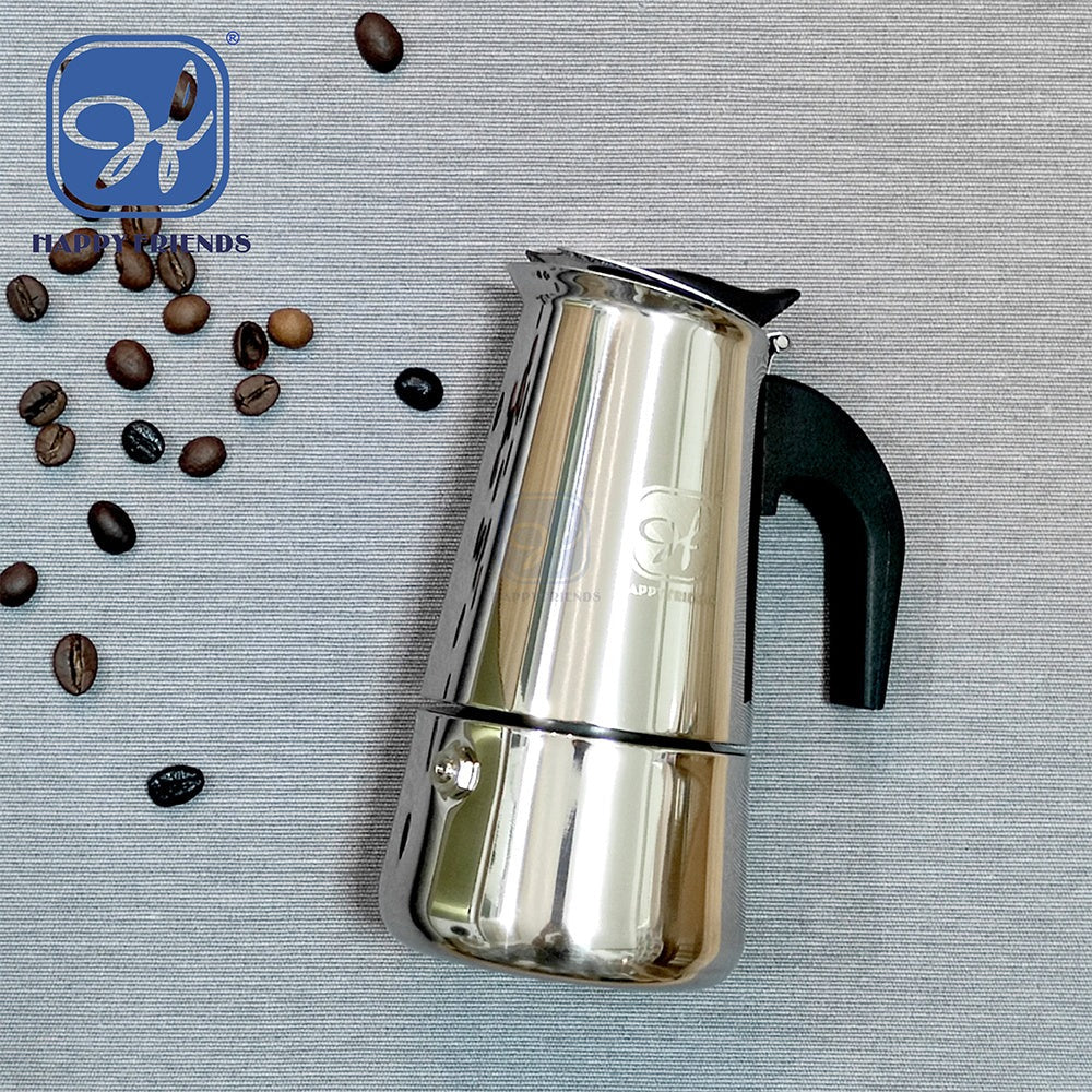 Cafetera Italiana de Acero Inoxidable para Espresso, Cafetera Moka Clásica, Mango Ergonómico de Agarre Frío, Ideal para Gas y Eléctrica (No apta para inducción Vitrocerámica), 2-12 tazas- Happy Friends