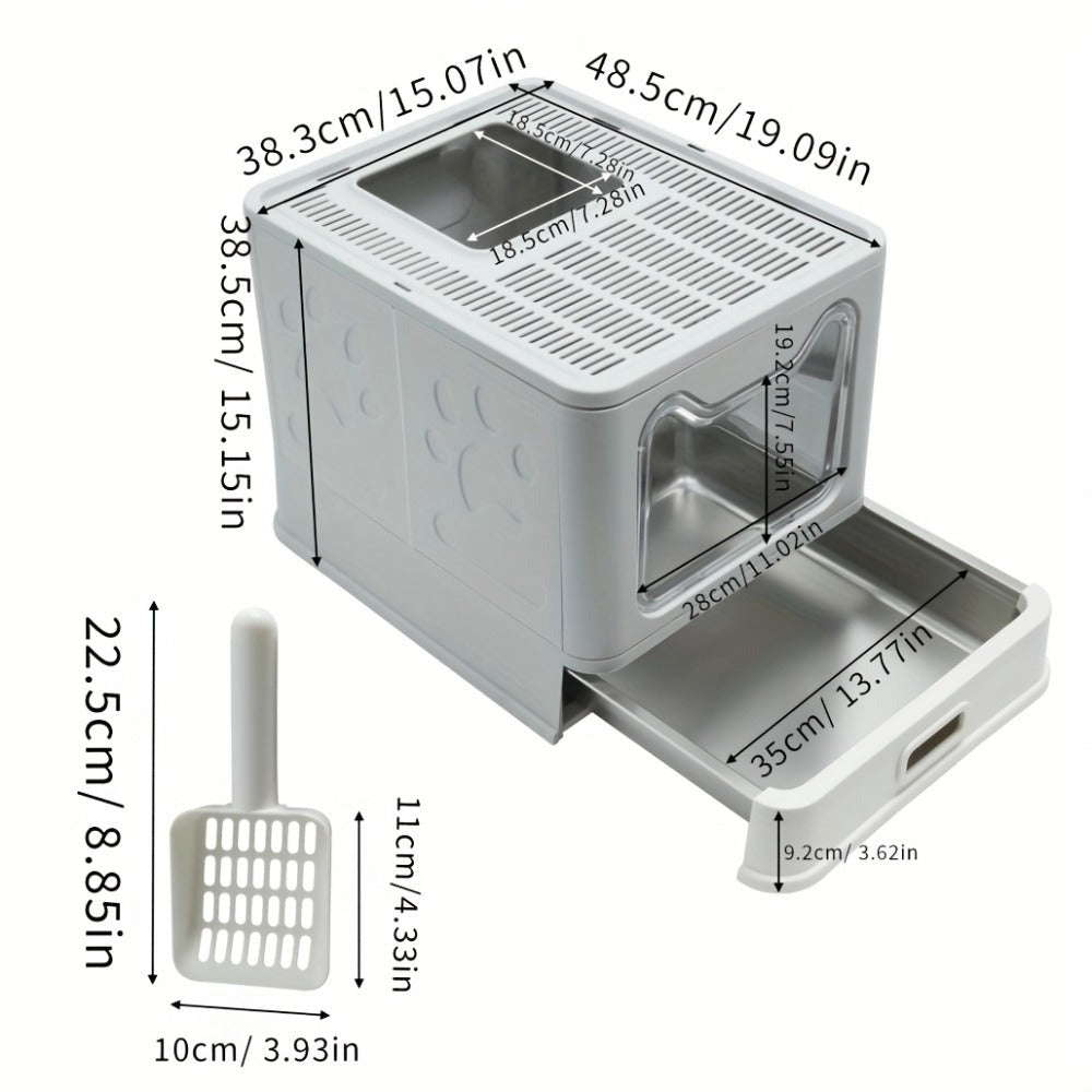 Arenero para gatos de acero inoxidable con entrada frontal y salida superior, diseñado para facilitar la limpieza, ideal para gatos y otras mascotas