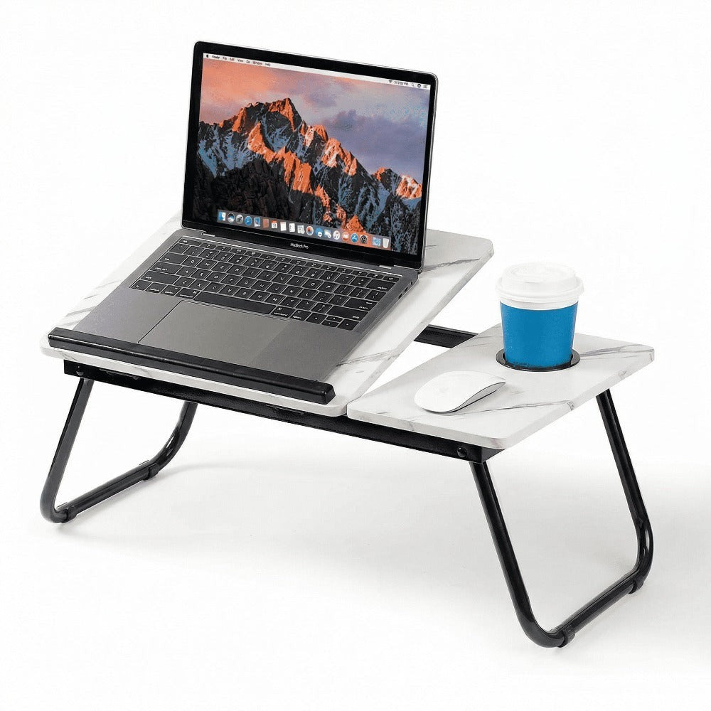 Mesa plegable para cama y sofá con altura ajustable de 5 niveles, bandeja con superficie ajustable y portavasos, mesa pequeña multifunción para ordenador, libros, trabajo y estudio en casa (56x32x25cm)